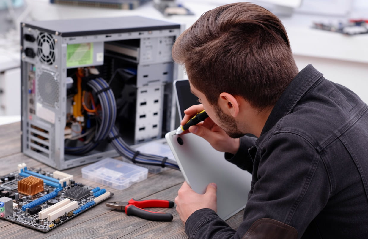 Technician carefully repairing circuit board