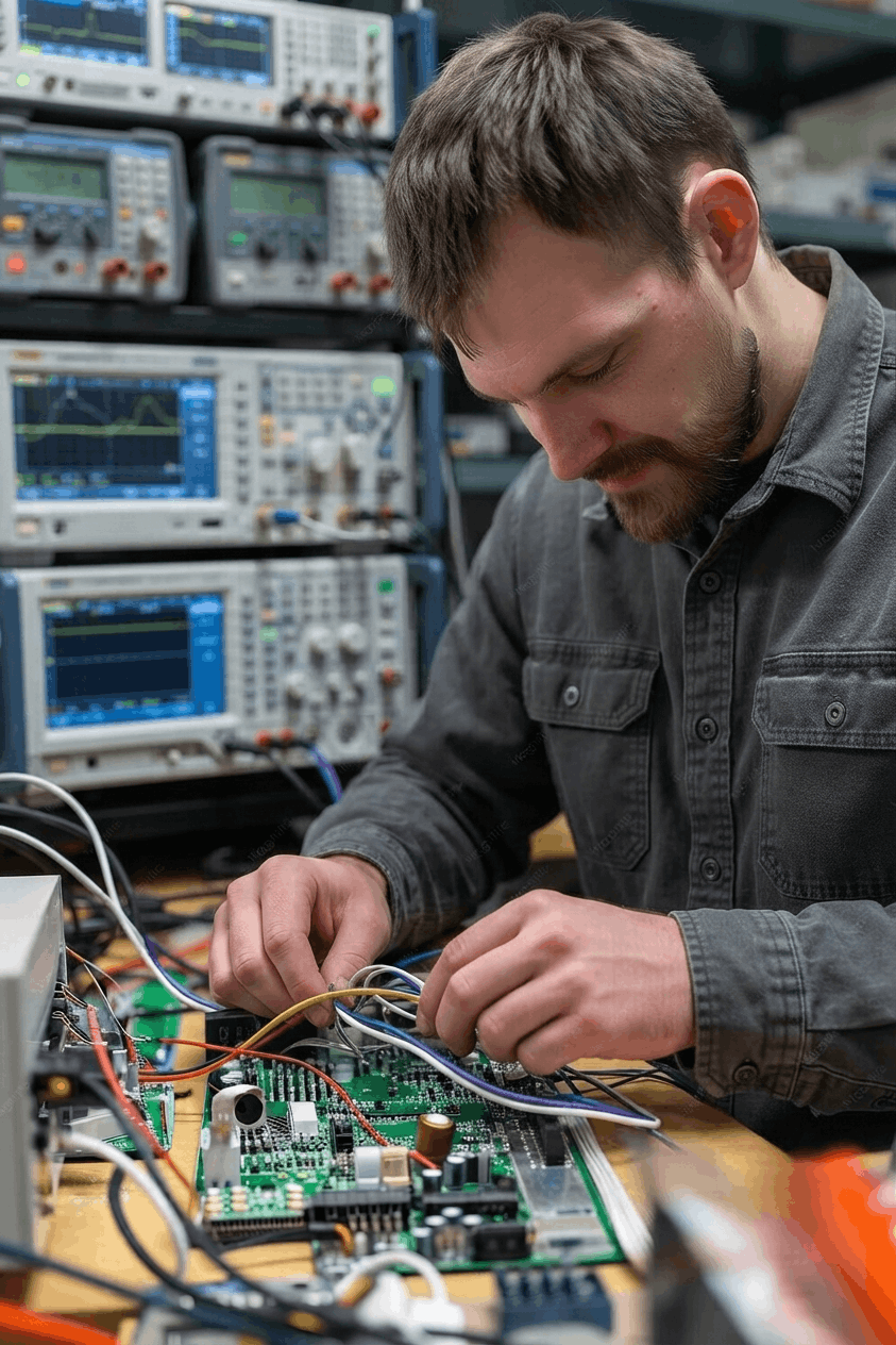 Technician soldering microchips onto circuit motherboard at workplace