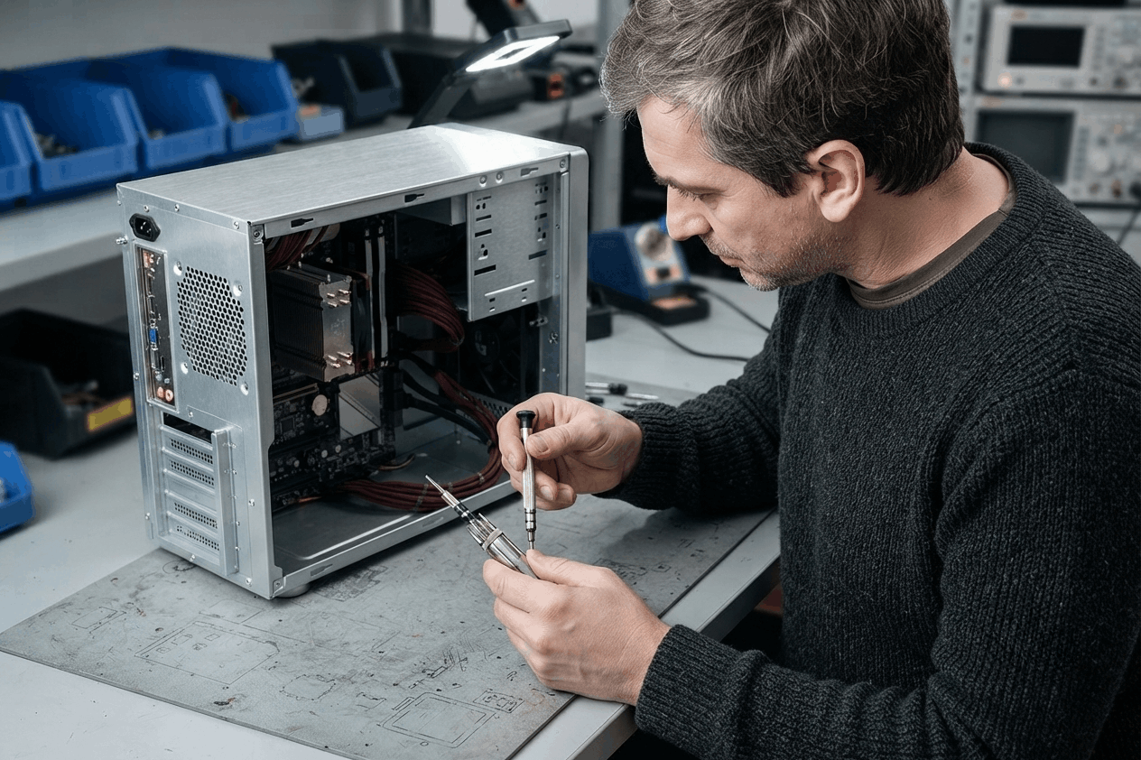 Technician repairing electronics with precision tools