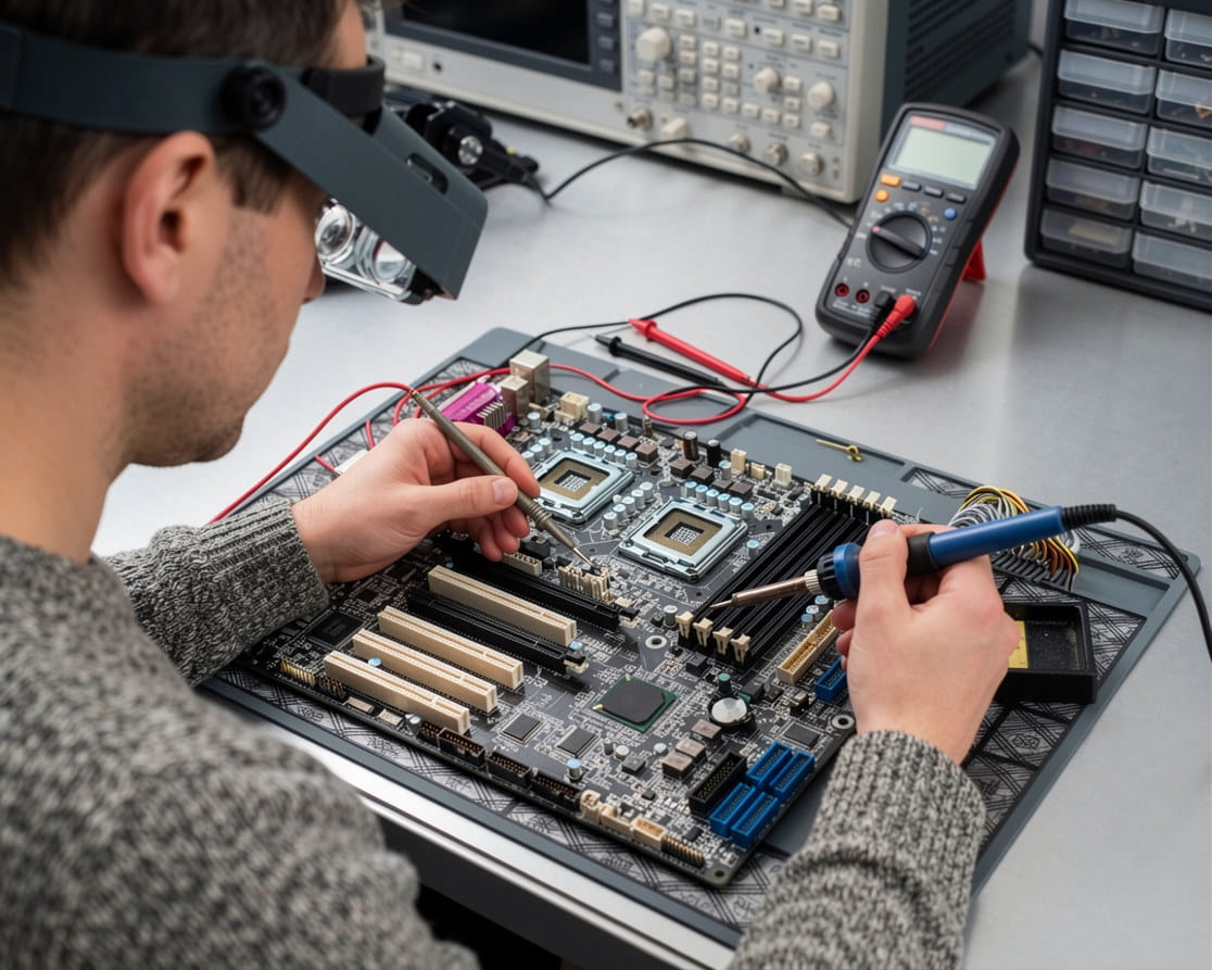 Technician repairing electronic device at workbench