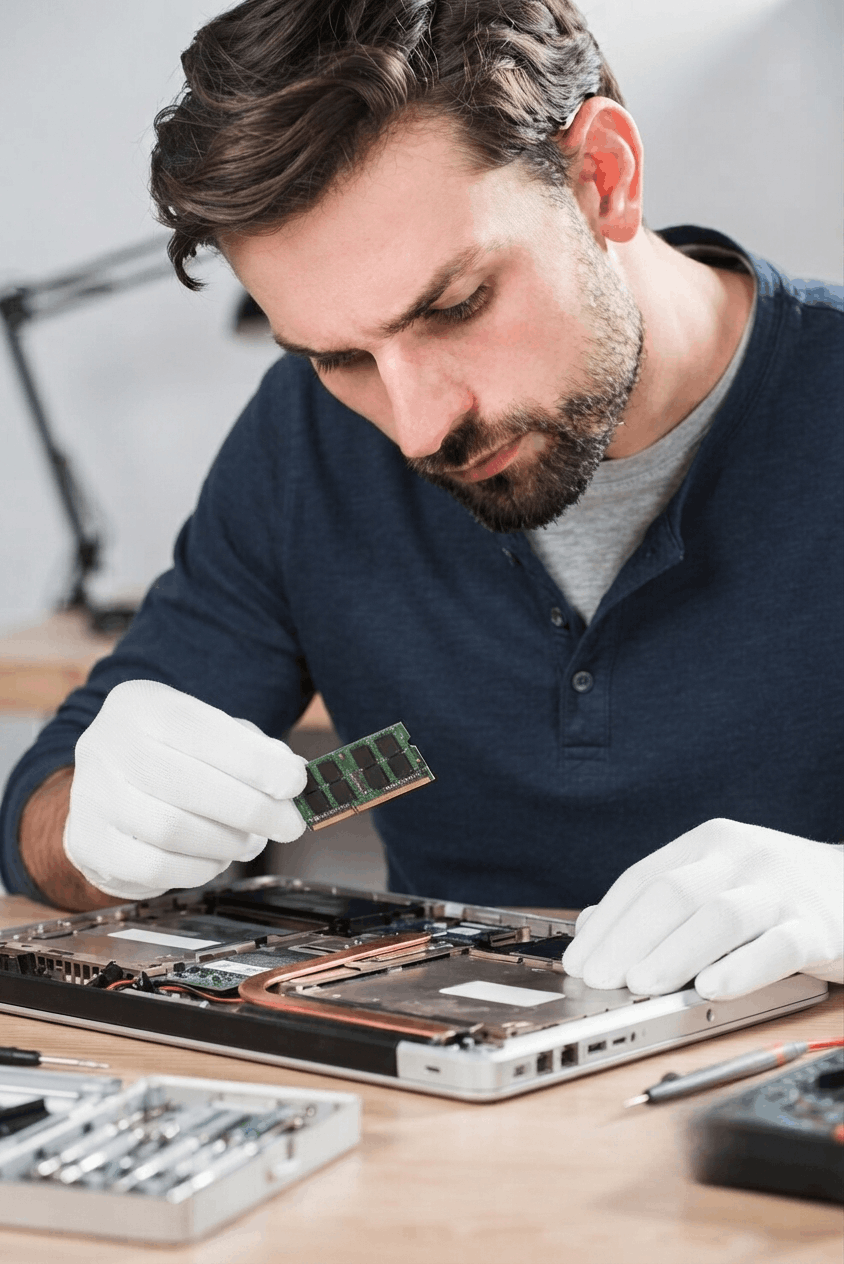 Technician carefully repairing a broken display tablet computer